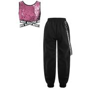 Miutii Hip Hop Jazz Street Dance - Conjunto de ropa para niña, con lentejuelas, sujetador deportivo y pantalones cargo para deporte, color rosa, 134-140, Color: rosa., 134-140