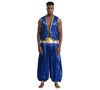 Miutii Hombre Príncipe Árabe Traje Medieval Chaqueta Seda Pantalón Harem Ropa Árabe Atraco Lámpara Mágica Traje Carnaval Fasching Azul real y azul real 4XL