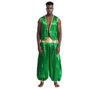 Miutii Hombre Príncipe Árabe Traje Medieval Chaqueta Seda Pantalón Harem Ropa Árabe Atraco Lámpara Mágica Traje Carnaval Fasching Verde y verde M