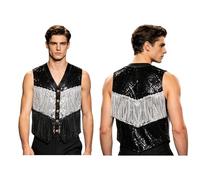 Miutii Hombres Chaqueta Baile Jazz con Brillo Ropa Club Rave Gilet con Secuencias En Forma Escalera con Tassel Y Paillettes Tank Top Completamente Forrado Boda Plata Negra XL