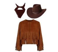 Miutii Niña Traje Vaquera Cuero Salvaje Chaqueta Con Franjitas Y Sombrero Pañuelo Chaqueta Hippie Trajes Vaquero Y Vaquera Disfraces Carnaval Marrón 11-12 años