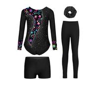 Miutii Traje Gimnasia Niña Años Con Brillo Con Shorts Pantalón Y Lazo El Cabello Leotard Manga Larga Competencias Gimnasia Y Traje Baile Negro 9-10 años
