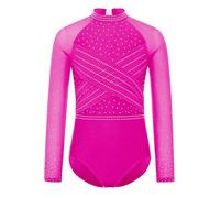 Miutii Traje Gimnasia Niñas Con Brillo Traje Gimnasia Con Cristales Leotard Baile Largo Manga Competición Baile Disfraz Rosa oscuro 5-6 años