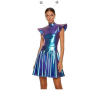 Miutii Traje Mujer Alien Traje Astronauta Del Espacio Overall Con Cuerpo Metálico Con Falda Con Trenza Pelo Disfraz Halloween Carnaval Fasching Fiesta Azul L