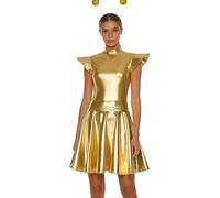 Miutii Traje Mujer Alien Traje Astronauta Del Espacio Overall Con Cuerpo Metálico Con Falda Con Trenza Pelo Disfraz Halloween Carnaval Fasching Fiesta Oro L