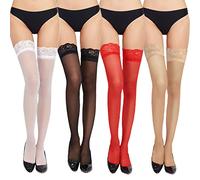 MIVAIUN 4 Pares Medias de Encaje, Medias Altos Encaje Medias Muslo para Mujer, Medias Encaje Transparentes, Medias de Mujer, Talla única, Negro, Blanco, Rojo, Color de la piel (4 Pares)