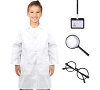 MIVAIUN 4 Pcs Disfraz Cientifico Niño Bata de Laboratorio con Lupas de Plástico Tarjeta de Trabajo Gafas, Disfraz Medico Bata Cientifico Niño para Juegos de Rol, Actos Escolares, Niña Niños
