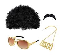 MIVAIUN Hippie Accessories Set di Costumi Hippie Parrucca Afro Funky Occhiali da Sole Collana, Parrucca anni '70 '80 da Discoteca Hippie Costume, per Festa a Tema Anni 50/60/70, Taglia unica