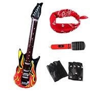 MIVAIUN Kit de Rockero de Punk Gotico de 70 80 90, Kit Rockero Gótico Punk, Accesorios de Disfraz de Rocker, Pañuelo de Punk Rojo, Guantes, Guitarra Hinchable, Guitarra Micrófono