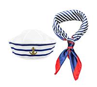 MIVAIUN Rayas Sombrero de Marinero Set azul y blanco a rayas marinero capitán sombrero＆Red Edge Blue Bar Square bufanda Talla única Unisex para Fiestas temáticas juego de rol