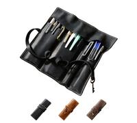 MIVLXLX Rollo de piel auténtica, estuche para bolígrafos y lápices, 3 bolsillos abiertos para bolígrafos largos, correa resistente, solapa plegable (color negro)
