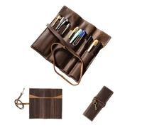 MIVLXLX Rollo de piel auténtica, estuche para bolígrafos y lápices, 3 bolsillos abiertos para bolígrafos largos, correa resistente, solapa plegable