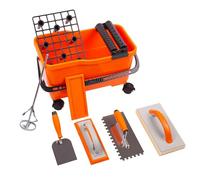 MIVOS Set de limpieza para alicatador de 7 piezas con ruedas - profesional - Llana de yesero - Llana dentada - Llana de esponja - Tabla de alicatador - Cubo de 22 litros - Mezclador de mortero