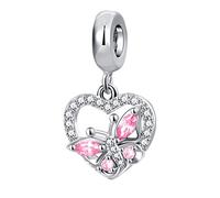 MiWangLing Abalorio de corazón de mariposa pavé con circonita cúbica para pulsera Pandora, regalo para mamá, Metal Cristal Diamante de imitación, Base
