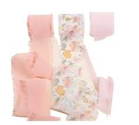 Mix 3 Roll 5m Printed Flowers Frayed Edged Satin Handmade Chiffon Ribbon For Wedding Invitation Bouquet Birth Party DIY Dec(Flower set A)