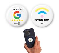 Mix Set Inglés: 1 x Google "Review us" + 1 x Scan Me NFC Sticker - Collect Feedback or Link Anything - Programable, 3M Adhesive, Reusable - 3 cm Ø - Engage Customers with One Tap