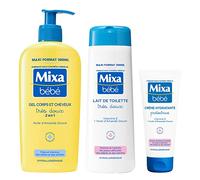 Mixa Baby - Rutina para baño y aseo - Gel muy suave para el cuerpo y el cabello de 300 ml + 300 ml de leche de baño extra suave + crema hidratante protectora 100 ml - Piel delicada de bebé -