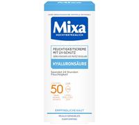MIXA Cuidado hidratante UV 50, para pieles sensibles, protección contra rayos UVB + UVA + UVA + UVA largos, SPF 50, con ácido hialurónico, apto para cara y cuello, 50 ml