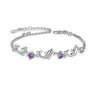 MixiuEuro mujeres niñas Pulseras, plata de ley 925 CZ zirconia amatista delfín amor pulseras joyería regalo para niñas, 17 cm, Circonia cúbica, circonita cúbica