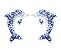 MixiuEuro Pendientes de delfín de plata de ley 925 con circonita cúbica azul, diseño de delfín, plata de ley 925 y circonita cúbica