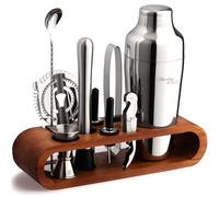 Mixology Bartender Kit: 10-Piece Bar Tool Set with Mahogany Stand | Perfect Home Bartending Kit and Martini Cocktail Shaker Set For a Perfect Drink Mixing Experience | Fun Housewarming Gift (Silver)