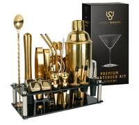 Mixology - Kit de coctelera Dorada de 24 Piezas con Soporte, Accesorios Esenciales para el hogar, coctelera de Martini, medidor, mortero, Cubos de enfriamiento y más