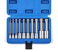 MIXPOWER Juego de 10 llaves de vaso de punta estriada, tipo M, acero S2 y Cr-V, extralargo de 4 pulgadas de longitud, M4-M18, juego de llaves de vaso de triple ranura cuadrada XZN