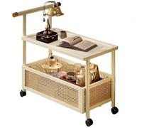 Mixtric Carrito MóVil 2 Niveles con Reposabrazos, Carrito Bar con Ruedas con Cesta RatáN, Carrito Almacenaje para Espacios Reducidos, Mesa para Hogar, Hotel, Oficina, Apartamento o Patio,Blanca,50cm