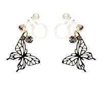 Miyabi Grace Pendientes colgantes elegantes de mariposa dorada con diamantes de imitación de cristal invisible, cómodos pendientes no perforados, aspecto dorado, Resina, no conocido