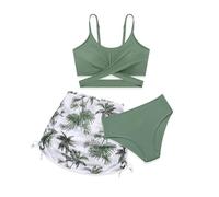 Miyanuby Traje de baño de 3 piezas para niña, conjunto de bikini con tirantes delgados cruzados, falda para cubrir la playa, traje de baño, Palma verde, 9-10 años