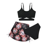 Miyanuby Traje de baño de 3 piezas para niña, conjunto de bikini con tirantes delgados cruzados, falda para cubrir la playa, traje de baño, Negro, 11-12 años