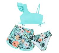 Miyanuby Traje de baño de 3 piezas para niñas, traje de baño para adolescentes, traje de baño con volantes, estampado floral tropical, conjunto de bikini con pantalones cortos para 9-16T, azul claro