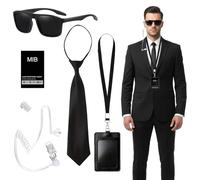 Mizijia Juego de accesorios de disfraz de agente secreto para adultos, espia y carnaval, Halloween: gafas de sol, corbata con cremallera, oyentes de inteligencia, identificación de agente+tarjetero