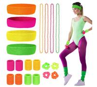 mizikuu 20 Piezas Muñequera 80s Set, 80s Accesorios de Traje Collar de Colores Neón Muñequeras Gym Accesorios Fiesta Retro Cinta Sudor Diadema para Fiestas de los años 80, Cosplay Carnaval