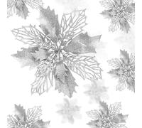 mizikuu 24 Unidades Plateado Flores Poinsettia, 16CM Árbol de Navidad Artificial Flor con Pinza Flores Navideñas con Purpurina Ideales para Fiestas Celebraciones Decoración del Hogar etc