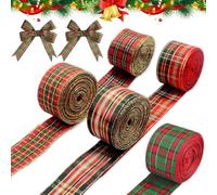 mizikuu 5 Rollos 6 m Cinta de Arpillera de Navidad, Cinta de Yute Natural de Lino Buffalo Plaid Arpillera para Envolver Regalos Navidad Boda Manualidades