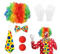 mizikuu Accesorio de Disfraz de Payaso, 5 Piezas Conjunto Accesorios de Payaso Peluca Pelo Rizado Nariz Guantes Corbatas para Hombre Señoras Cosplay Carnaval Halloween Fiesta