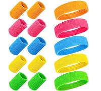 mizikuu Muñequera 80s Set, 15 Piezas Muñequeras y Diadema Sudor Conjunto Muñequeras Gym Accesorios de Fiesta Retro Deportivo Sweatbands para Años 80 y 90 Carnaval de Neón Retro Fiesta Temática