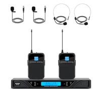 MIZISNR Sistema de micrófono de solapa inalámbrico, 2 x 100 frecuencias ajustables y juego de micrófono Lavalier, micrófonos Lavalier UHF de rango de 300 pies para reuniones, iglesia, canto (2