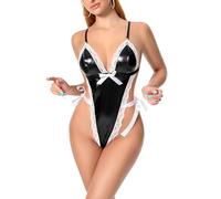 MIZSPISE Mujer Sexy Body Bodies Lenceria de Cuero Bodysuit sin Mangas Mono Metálico Brillante Ropa Interior Una Pieza Body de Danza Clubwear (negro, Talla única)