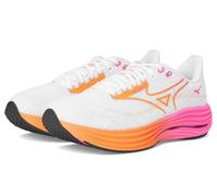 Mizuno Tenis de correr unisex Wave Rider 29 Hanabi para adultos, Blanco-naranja espiga, 10 Wide Women/8.5 Men