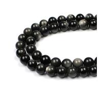 MJDCB 12mm 30 piezas Cuentas de Piedra Obsidiana Plata Redondas Sueltas Piedras Semipreciosas Naturales para Hacer Joyas Pulseras Collares