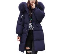 MJGkhiy Abrigo largo de invierno para mujer, con capucha, de piel, elegante, cálido, parka, plumífero, ropa de invierno, resistente al viento, chaqueta pesada con cremallera, azul marino, 3XL