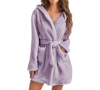 MJGkhiy Bata de invierno para mujer, corta/larga, curvada, con cinturón, de franela, albornoz de forro polar con capucha suave afelpada, pijama de noche para casa, hotel, spa, polar, albornoz,