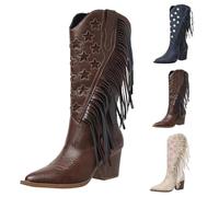 MJGkhiy Botas con flecos para mujer tejanos vaquero occidental Camperos Botines Altos con Tacón de Bloqueo Zapatos Boots de Invierno Cálido Estrella Impresión Botín de Punta Marrones Negros, marrón