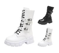 MJGkhiy Botas de mujer de invierno con plataforma góticas botines moteros cómodos negro moto botas con cremallera blancas Punk Boots vaquero cálido piel bota, Color blanco., 43 EU