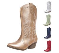 MJGkhiy Botas De Mujer Texanas Altas Ante Boots Con Tacón de Bloqueo Western Botines Marrones Cuero Botín Punta Invierno Vaquero Bota Camperos Botas Cómodas, dorado, 41 EU