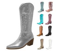 MJGkhiy Botas de Mujer Texanas Altas Western Botines Con Tacón de Bloqueo Ante Bota De Punta De Invierno Cuero Boots Marrones Cowboy Botas Camperos Botín Cómodos, plateado, 41 EU