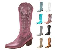 MJGkhiy Botas de Mujer Texanas Altas Western Botines Con Tacón de Bloqueo Ante Bota De Punta De Invierno Cuero Boots Marrones Cowboy Botas Camperos Botín Cómodos, Rosa, 40 EU