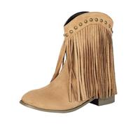 MJGkhiy Botas de mujer Texanas Ante Bota Con Tacón de Bloqueo Camperos Boots Negros Western Botines con Flecos Invierno Cowboy Botas Cuero Botín Punta Marrón, beige, 45 EU